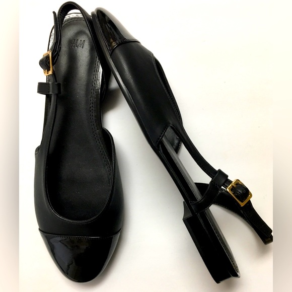 H&M Sling Back Flats Size 40/9  Round Toe Black Patent Faux Leather Slip… - Picture 1 of 10